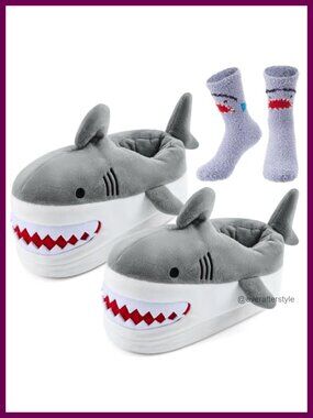 Coral Fleece Fin Style Slippers & Socks Set Cozy Warm Indoor
